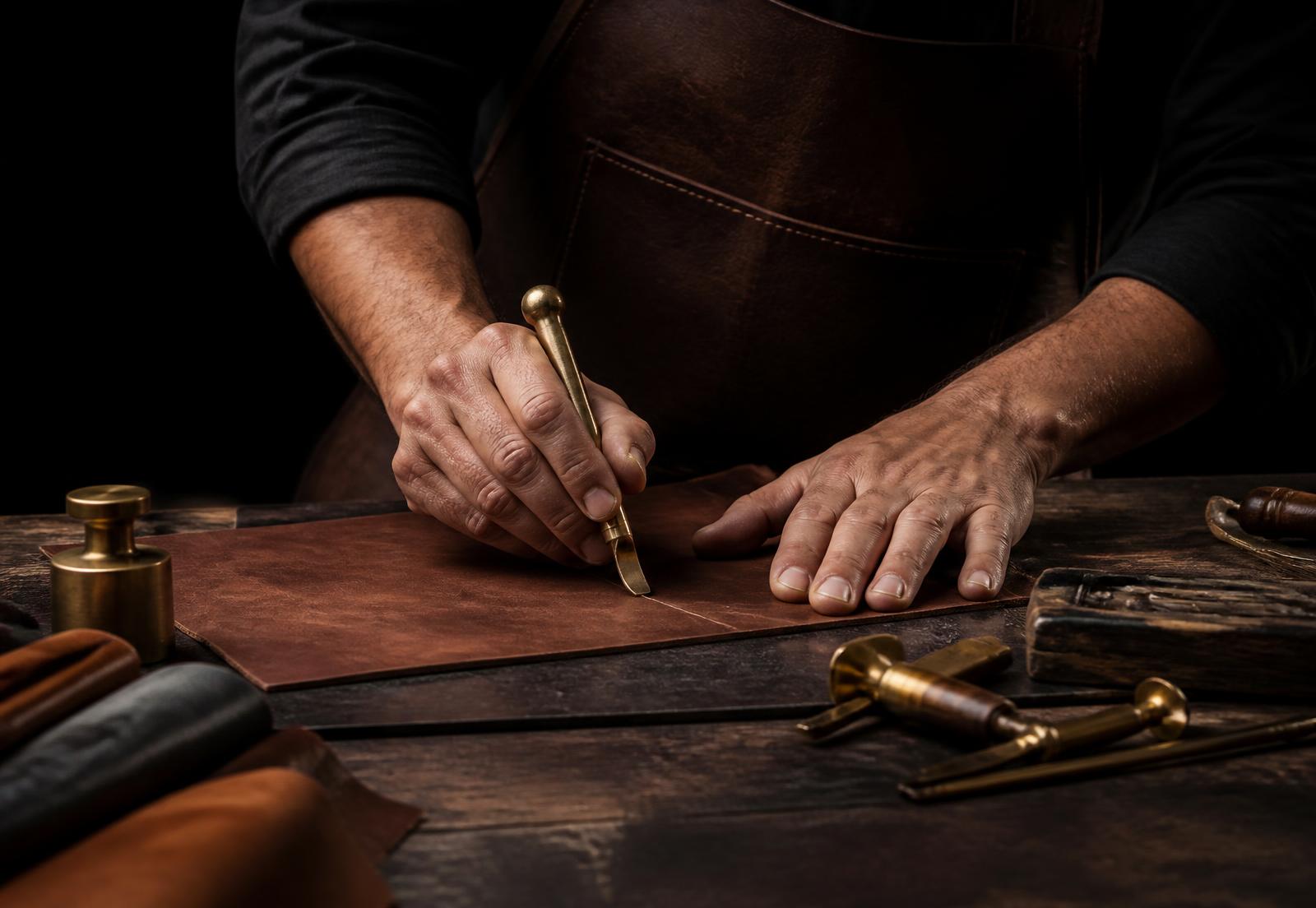 Artisan hands cutting leather with brass tools on dark wood